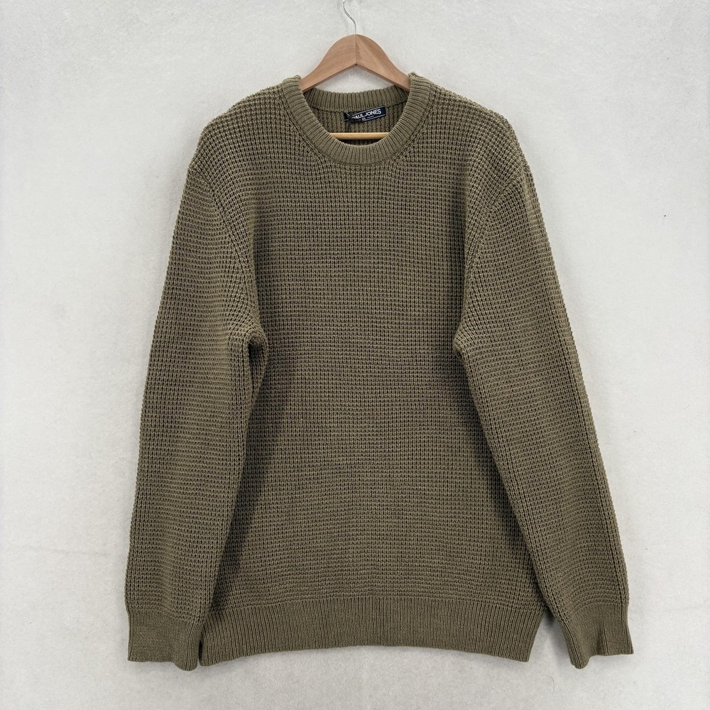 PJ Paul Jones Sweater Mens XL Green Acrylic Waffle Knit Thermal Crew Pullover